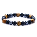 Handmade 8mm natural tiger eye, obsidian, and hematite beaded bracelet with elastic cord - Yellow Tiger Eye & Hematite Elastic Style (Style-05)