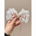 White lace hair clip with pink ribbons and a pearl heart decoration for girls - Heart Pearl Lace Bow / Pink White