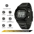 All-black square digital sports watch with stainless steel band and 50M waterproof feature - Black White (SANDA)