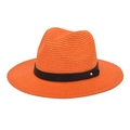 Detail of bright orange straw fedora hat featuring black leather band and gold stud - M(56-58cm) / Orange