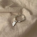925 silver beaded ring featuring a white pearl and a rectangular LUCKY letter charm - LUCKY Tag Pearl Style(JZ0012)