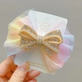 Fermaglio per capelli a fiocco in rete arcobaleno con corona di strass per bambine - Stile Fiocco Sfumato con Strass Completi