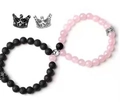 Lava stone and pink bead couple bracelets with crown charms and magnetic attraction - Crown Magnetic / Rose Quartz and Lava Rock