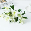 Bouquet de lys blancs artificiels à trois têtes sur un bureau avec des livres - Blanc