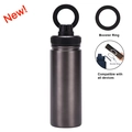 Dark grey stainless steel sports bottle with magnetic phone holder lid feature - Metallic Black