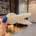 Elegant duckbill hair clip featuring rows of cream pearls with a hollow geometric design - 30# Rabbit Pearl Geometric Clip / Off White