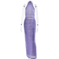 Elegante abito lungo di paillettes viola con scollo all'americana su manichino - S / Viola