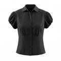 Women's black puff sleeve shirt with a retro waist-cinching design and lapel collar - S / Black