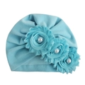 Light blue cotton knit baby turban hat with decorative 3D flowers and pearls - Blue