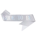 Detailed view of silver glitter Bride To Be sash with holographic lettering for bachelorette party - Silver (Block-Holographic Text)
