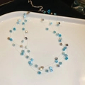Detailed close-up of multi-layer beaded necklace with blue cat eye square stones - Double Layered Square Cat's Eye Necklace / Silver/Blue