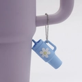 Sky blue silicone mini cup straw cover with white flower and silver bead chain - Sky Blue Flower Cup Bead Chain