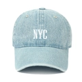 Light blue washed denim baseball cap with white NYC embroidery and pre-curved brim - Light Blue