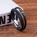 Pulsera de hombre en cuero negro trenzado de doble capa con cuentas de metal mixtas - Cuero Negro + Anillos Dorados