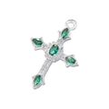 Detailed view of silver cross pendant with green oval gems and clear micro-crystals - Platinum Color Green Zirconia