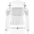 Franse witte polkadot-top met doorschijnende mesh lange mouwen en blote schouders - S / Wit