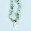 Irregular green natural stone necklace featuring a white baroque pearl pendant - Prehnite Pearl