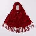 Thick solid red cashmere scarf for women featuring fringe details and authentic material tag - Burgundy