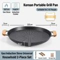 32cm Korean non-stick grill pan with wooden handles and storage bag for gas and induction - Round Tray + Hemp Rope + Wooden Handle + Storage Bag / Induction & Gas Stove Universal