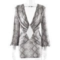 Bodycon snakeskin print mini dress with deep V-neck, lantern sleeves and waist cutout - S / Gray