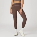 Brown high-waisted yoga leggings and sports bra set with white curved piping accents - S / Bottoms / Deep Chocolate Brown