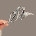 Silver wavy metal hair claw clip with pearl embellishment held by hand for style - Lightning Wave Pearl Style / Large / Silver
