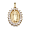 Oval Virgin Mary pendant in 14K gold plated copper with clear zircon stones border - CCX116-5