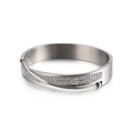 Polished silver stainless steel bangle featuring a double-layer crisscross diamond design - Cross Pave Style (KB120017-KFC)