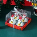 Close-up of Christmas snowman candle set in a clear PVC gift box with silver ribbon - Snowman with Broom 4-Pack