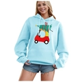 Light blue Christmas hoodie with festive car print and soft fleece lining for adults - S / Tops / Light Blue