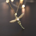 Golden dragonfly necklace pendant with white pearl and green zircon gemstones - Style W-Gold Retro Natural Pearl