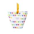 Caja de regalo trapezoidal con cinta amarilla y estampado de banderines de colores - Banderines de Colores / 6x6x10cm