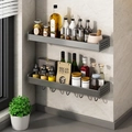 50cm double-layer grey kitchen spice rack with 10 hooks wall mounted storage - Gun Grey Rack 50cm - Double Layer 10 Hooks