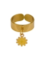 Detail of a wide gold open ring featuring a delicate yellow enamel daisy flower charm - Adjustable Open / Yellow