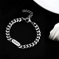 Silver Cuban link bracelet in titanium steel with engravable metal plate and lobster clasp - Square Bracelet - Custom Engraving / 19CM+5CM Extension Chain