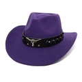 Close-up of purple wool cowboy hat featuring a gold bull head emblem and metal studs - M (56-58cm) / Purple