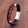 Close-up of double-layer black braided leather bracelet with red agate beads and metal clasp - Silver-2 (Red Agate)