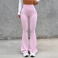 Slim fit high-waisted flared yoga pants in light pink color for Y2K sporty style - S / Pink