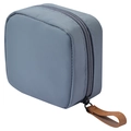 Portable gray-blue nylon lipstick pouch with brown leather zipper pull in minimalist style - Gray