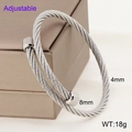 Adjustable 4mm silver cable wire twisted open cuff bracelet in punk stainless steel style - Cylinder End (4mm Gauge) / Steel Color (KB185216-XY)