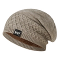 Detail of warm winter beanie featuring thick brown fleece lining and knitted diamond pattern - Off White