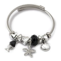 Silver stainless steel charm bracelet with sea shells and Be My Valentine heart charm - Starfish Fishbone Shell (C2-019) / Black