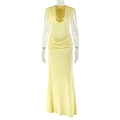 Detail of deep V-neck and horizontal ruching on a slim fit sleeveless yellow dress - S / Yellow