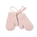 Detail of pink plush baby mittens with a knitted anti-lost string and soft fur texture - Khaki