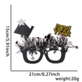 New Year party glasses with silver tinsel and gold glitter stars including size dimensions - New Year Top Hat Tassel Style