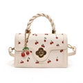 Chic beige cherry print handbag with woven handle and gold flower twist lock detail - White