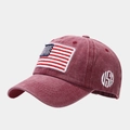 Detail of vintage washed burgundy baseball cap with USA flag patch and side embroidery - Burgundy