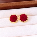 Macro detail of vintage deep red velvet earrings with elegant gold irregular borders - Round / Red