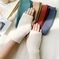 Knitted fingerless gloves for women in beige green camel red and blue winter wool style - Off-white