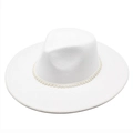 Close-up of white wool fedora hat featuring an elegant pearl beaded decorative band - M(56-58cm) / White